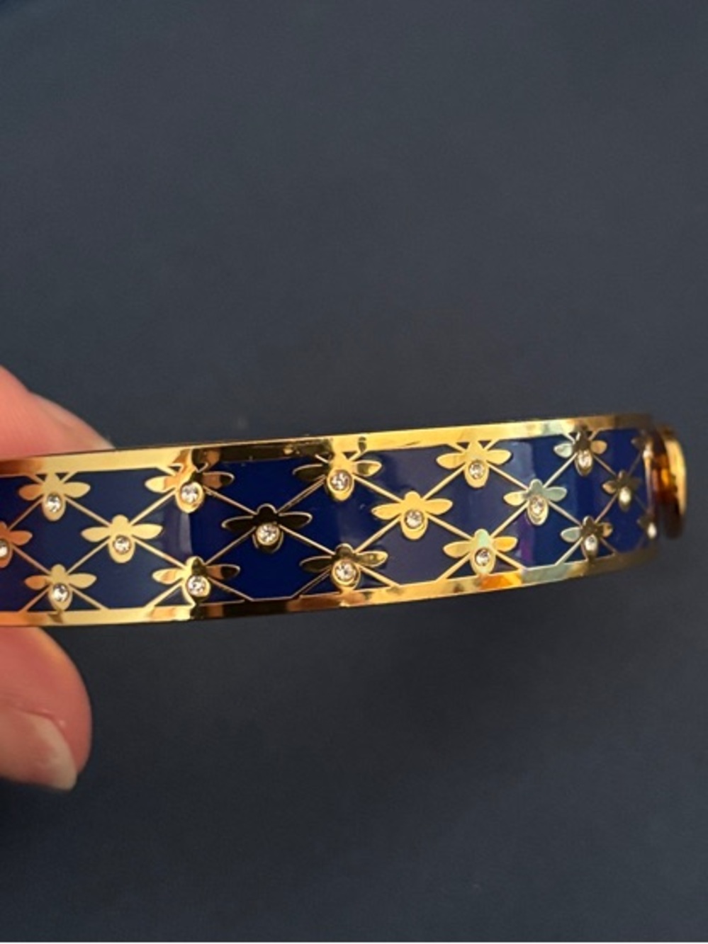 Gold-Tone Blue Enamel Floral Crystal Bangle Bracelet